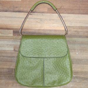 Faux Ostrich Hand Bag Green Metal Handle Multiple Pockets 12 x 13 inches